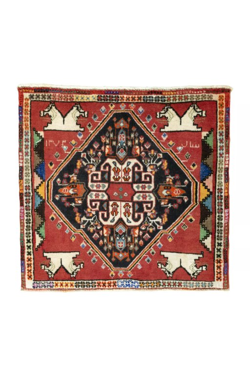 Full view of 2000s Shiraz rug from Iran / Persia, 63 × 67 cm in Red tones
