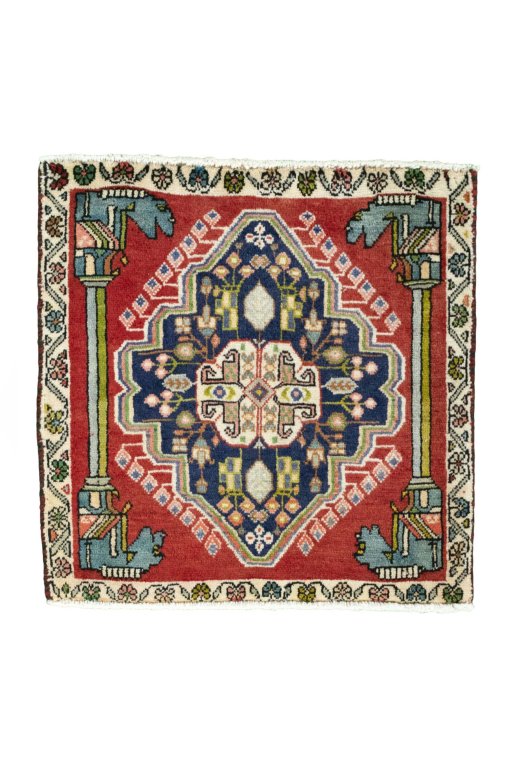 Full view of 2000s Shiraz rug from Iran / Persia, 62 × 63 cm in Red tones
