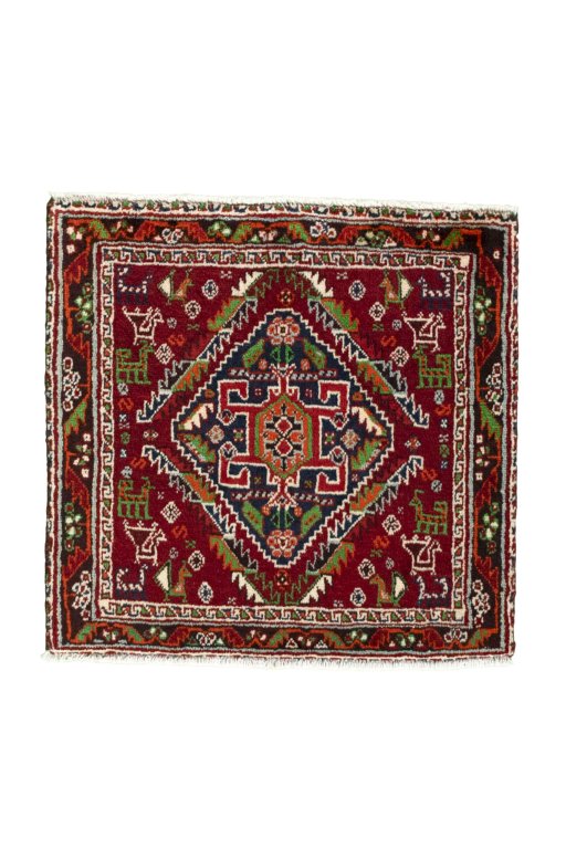 Full view of 2000s Shiraz rug from Iran / Persia, 56 × 58 cm in Red tones