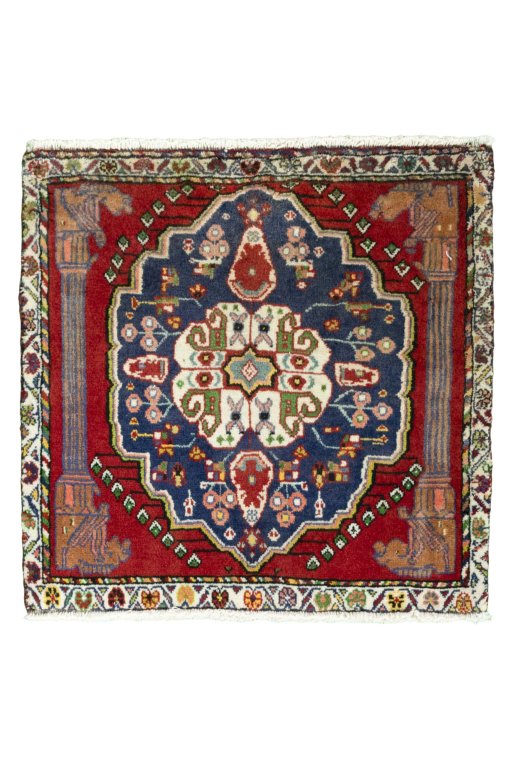 Full view of 2000s Shiraz rug from Iran / Persia, 63 × 64 cm in Red tones