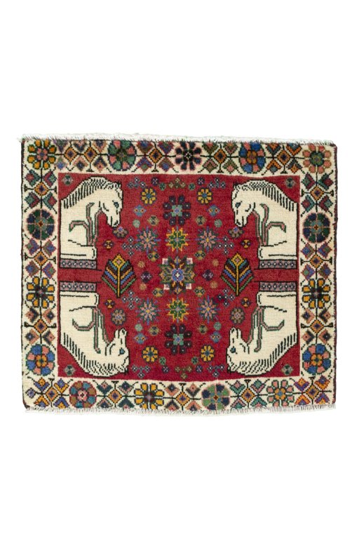 Full view of 2000s Shiraz rug from Iran / Persia, 56 × 66 cm in Red tones