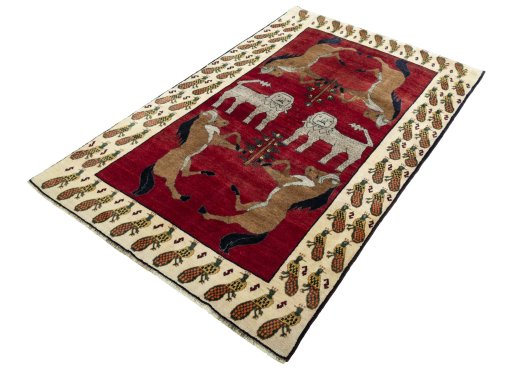 Corner detail of 2000s Shiraz rug showing border pattern and Wool pile
