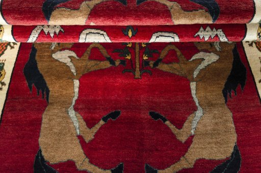 Full view of 2000s Shiraz rug from Iran / Persia, 252 × 157 cm in Red tones