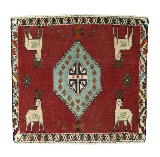 Full view of 1970s Shiraz rug from Iran / Persia, 58 × 62 cm in Red tones