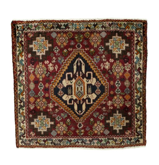 Full view of 1970s Shiraz rug from Iran / Persia, 61 × 63 cm in Red tones