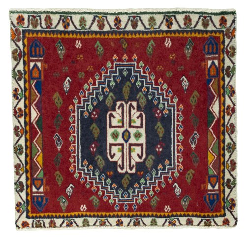 Full view of 1970s Shiraz rug from Iran / Persia, 60 × 63 cm in Red tones