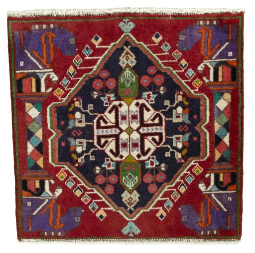 Full view of 1970s Shiraz rug from Iran / Persia, 50 × 51 cm in Red tones