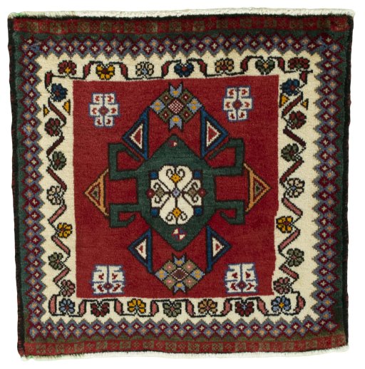 Full view of 1970s Shiraz rug from Iran / Persia, 57 × 57 cm in Red tones