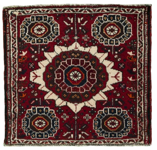 Full view of 1970s Shiraz rug from Iran / Persia, 60 × 57 cm in Red tones
