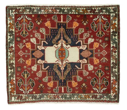 Full view of 1970s Shiraz rug from Iran / Persia, 54 × 62 cm in Red tones