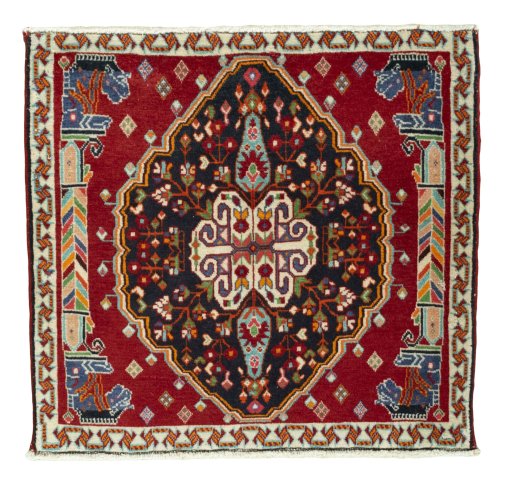 Full view of 1970s Shiraz rug from Iran / Persia, 63 × 67 cm in Red tones