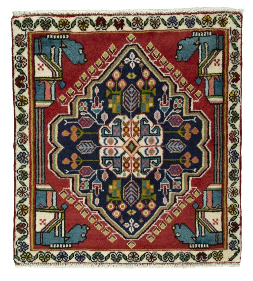 Full view of 1970s Shiraz rug from Iran / Persia, 67 × 62 cm in Red tones
