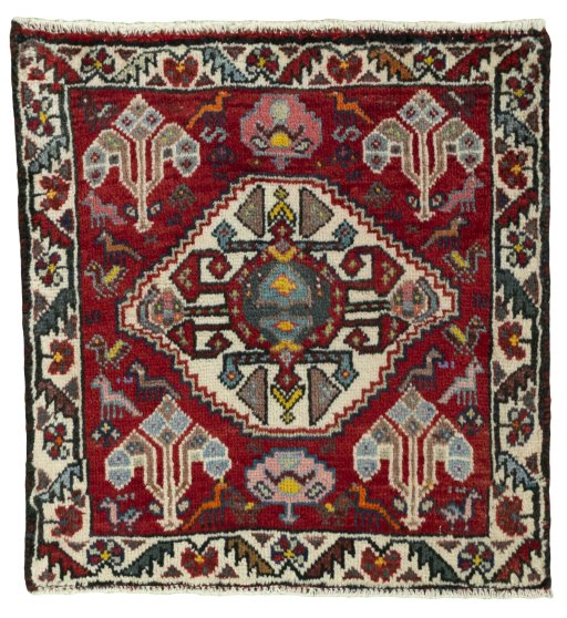 Full view of 1970s Shiraz rug from Iran / Persia, 61 × 58 cm in Red tones