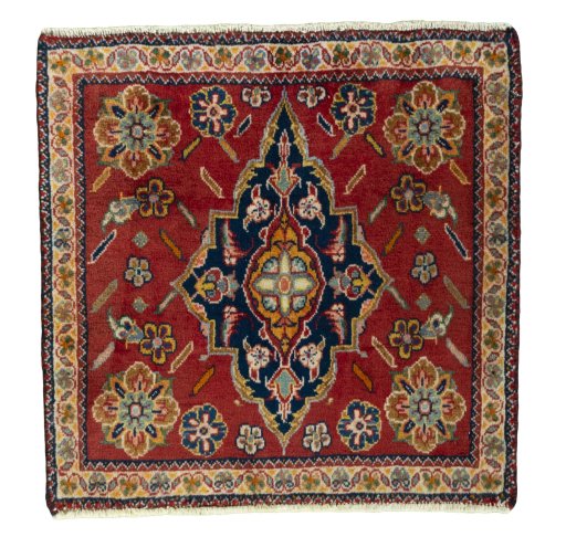 Full view of 1970s Shiraz rug from Iran / Persia, 64 × 65 cm in Red tones