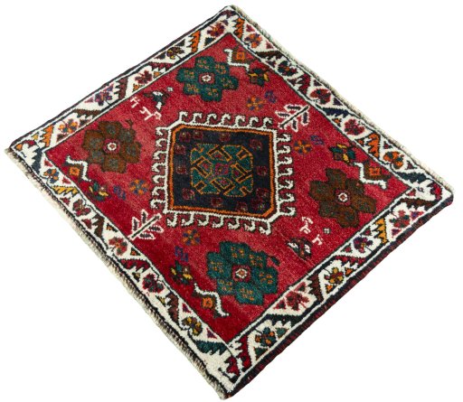 Corner detail of 1970s Shiraz rug showing border pattern and Wool pile