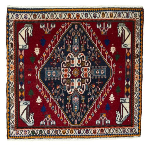 Full view of 1970s Shiraz rug from Iran / Persia, 65 × 67 cm in Red tones