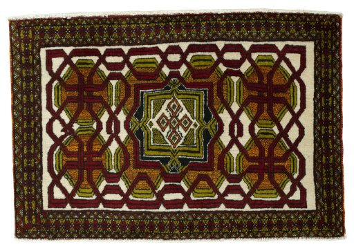 Full view of 1970s Shiraz rug from Iran / Persia, 63 × 93 cm in Red tones