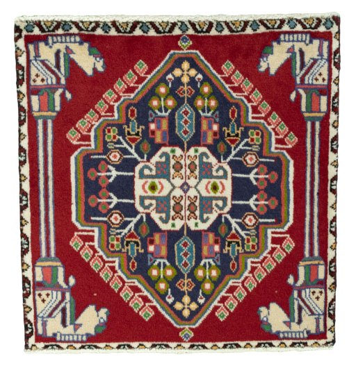 Full view of 1970s Shiraz rug from Iran / Persia, 60 × 58 cm in Red tones