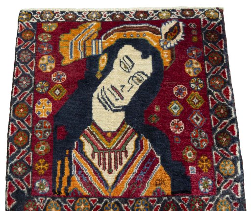 Surface texture of 1970s Shiraz rug with natural Wool and intricate pattern