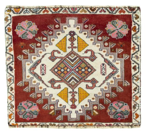 Full view of 1970s Shiraz rug from Iran / Persia, 50 × 57 cm in Red tones