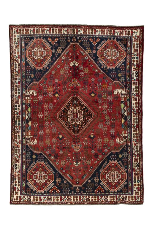 Full view of 2000s Shiraz rug from Iran / Persia, 251 × 185 cm in Red tones
