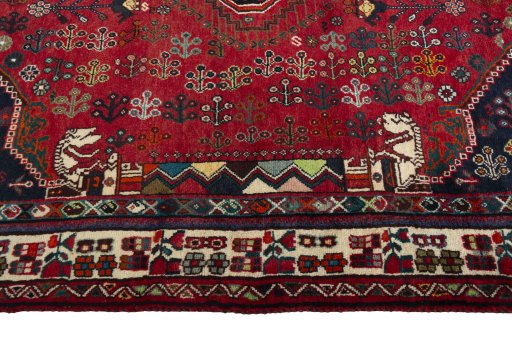 Full view of 2000s Shiraz rug from Iran / Persia, 251 × 185 cm in Red tones