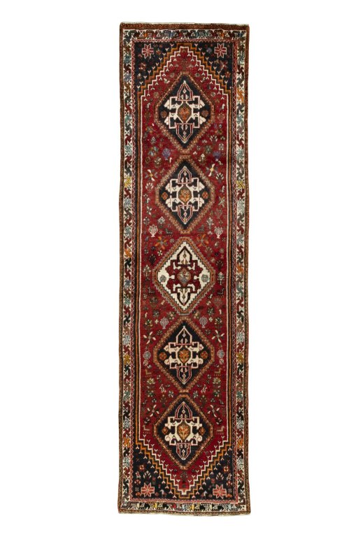 Full view of 2000s Shiraz rug from Iran / Persia, 322 × 85 cm in Red tones