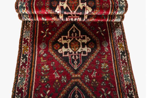 Full view of 2000s Shiraz rug from Iran / Persia, 322 × 85 cm in Red tones