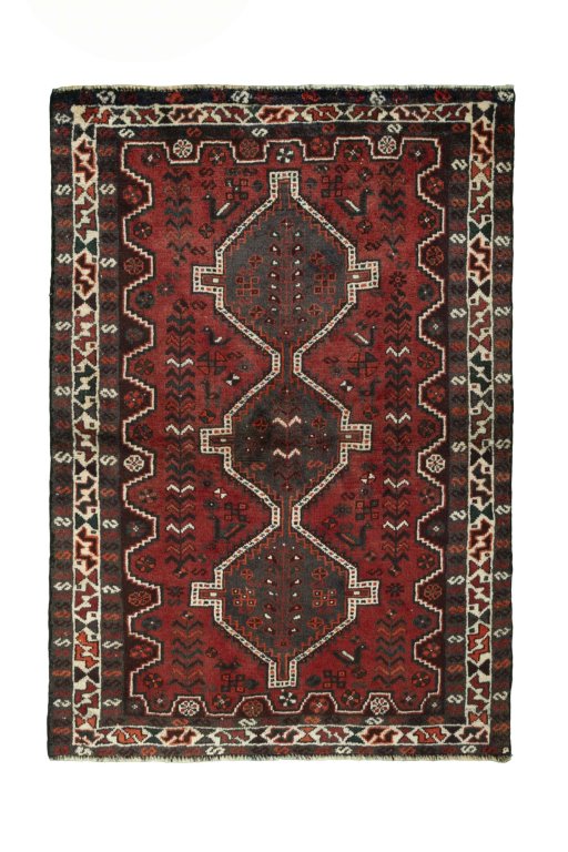 Full view of 2000s Shiraz rug from Iran / Persia, 158 × 110 cm in Red tones
