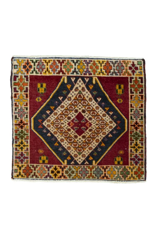 Full view of 2000s Shiraz rug from Iran / Persia, 53 × 59 cm in Red tones
