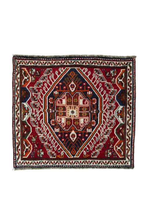 Full view of 2000s Shiraz rug from Iran / Persia, 60 × 65 cm in Red tones