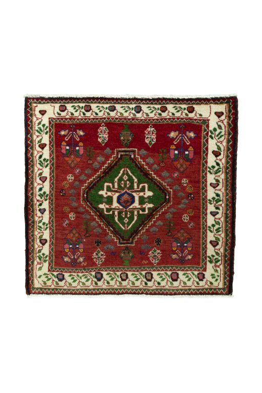 Full view of 2000s Shiraz rug from Iran / Persia, 60 × 64 cm in Red tones