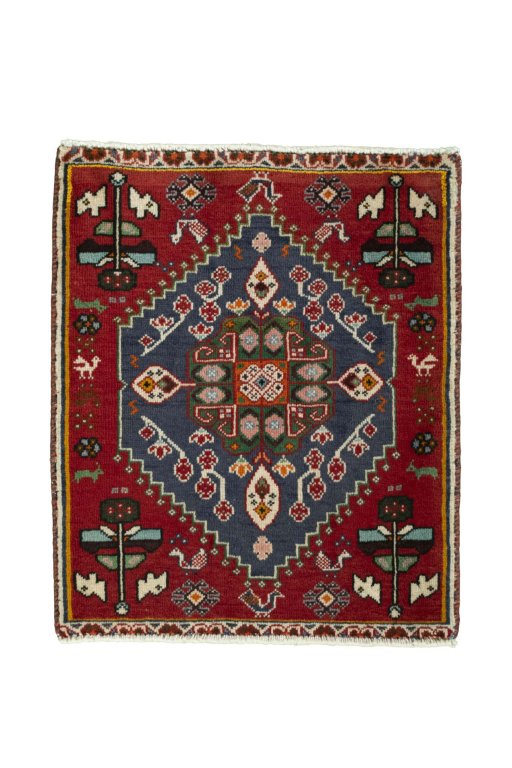 Full view of 2000s Shiraz rug from Iran / Persia, 65 × 56 cm in Blue tones
