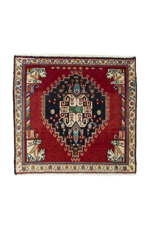 Full view of 2000s Shiraz rug from Iran / Persia, 60 × 64 cm in Red tones
