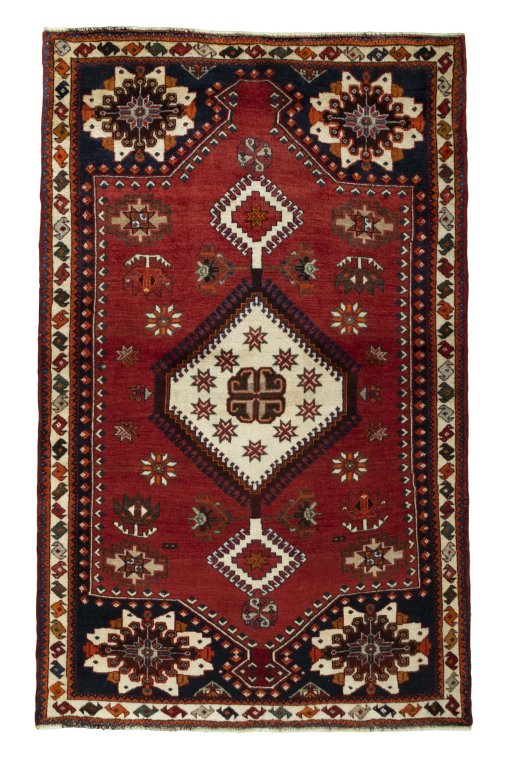 Full view of 2000s Shiraz rug from Iran / Persia, 192 × 120 cm in Red tones
