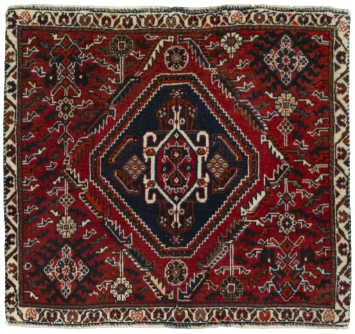 Full view of 2000s Shiraz rug from Iran / Persia, 60 × 66 cm in Red tones