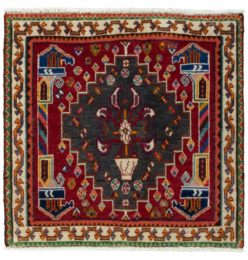 Full view of 2000s Shiraz rug from Iran / Persia, 63 × 65 cm in Red tones