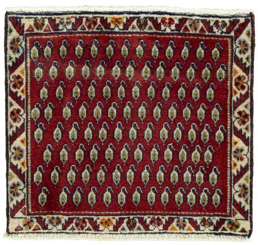 Full view of 2000s Shiraz rug from Iran / Persia, 55 × 61 cm in Red tones