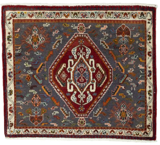 Full view of 2000s Shiraz rug from Iran / Persia, 57 × 66 cm in Gray tones