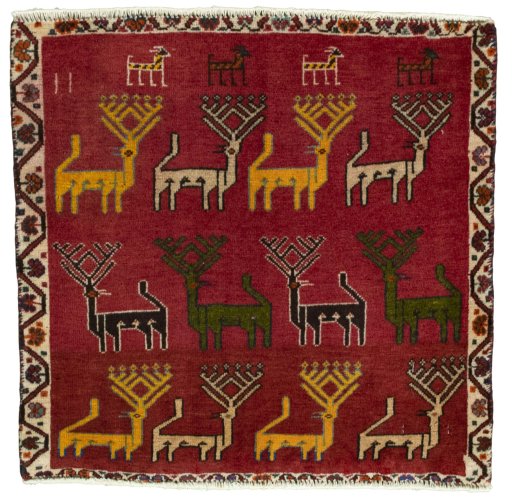 Full view of 2000s Shiraz rug from Iran / Persia, 60 × 62 cm in Red tones