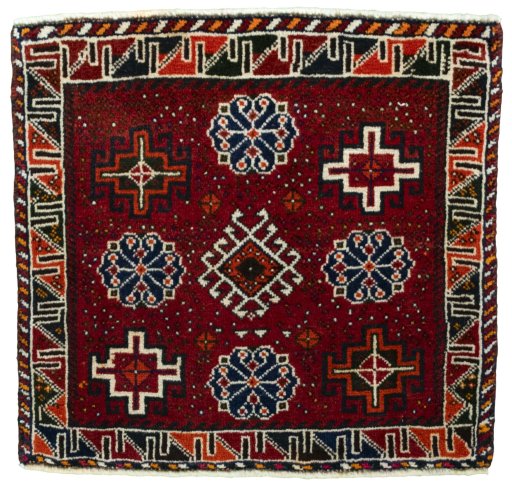 Full view of 2000s Shiraz rug from Iran / Persia, 58 × 60 cm in Red tones
