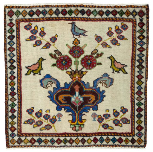 Full view of 2000s Shiraz rug from Iran / Persia, 65 × 65 cm in Beige tones