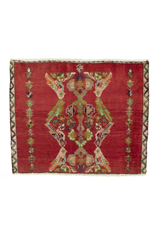 Full view of 2000s Shiraz rug from Iran / Persia, 51 × 63 cm in Red tones