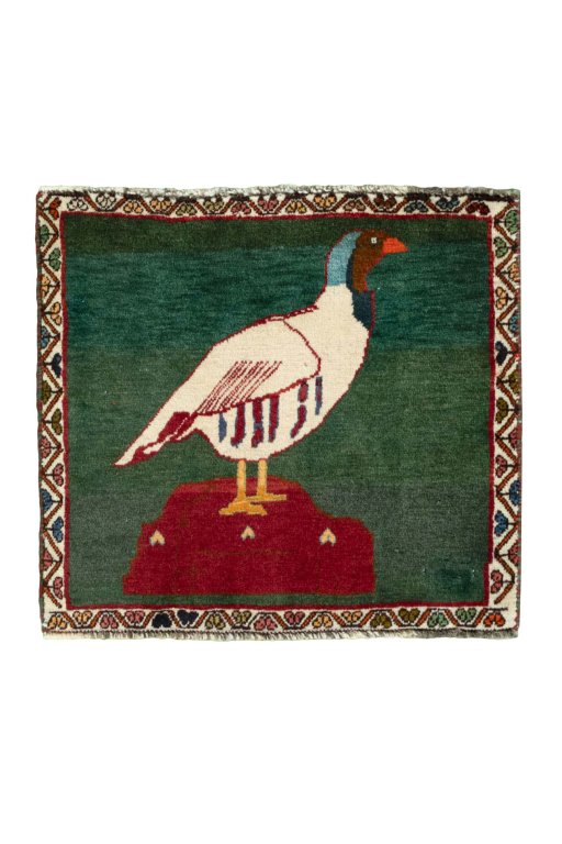 Full view of 2000s Shiraz rug from Iran / Persia, 53 × 57 cm in Green tones