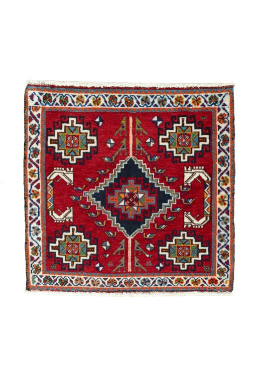 Full view of 2000s Shiraz rug from Iran / Persia, 58 × 60 cm in Red tones