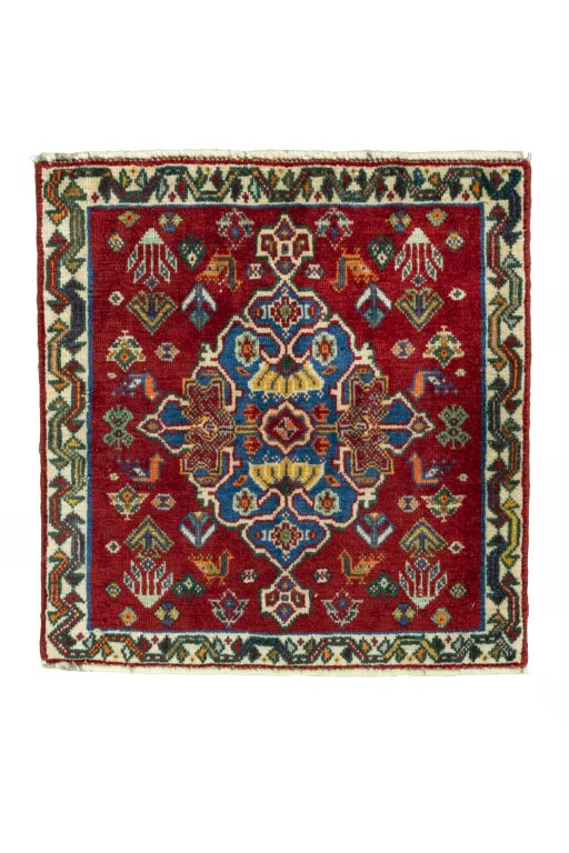 Full view of 2000s Shiraz rug from Iran / Persia, 53 × 51 cm in Red tones