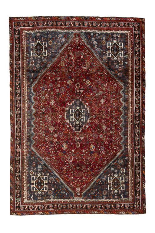 Full view of 1970s Shiraz rug from Iran / Persia, 317 × 217 cm in Red tones