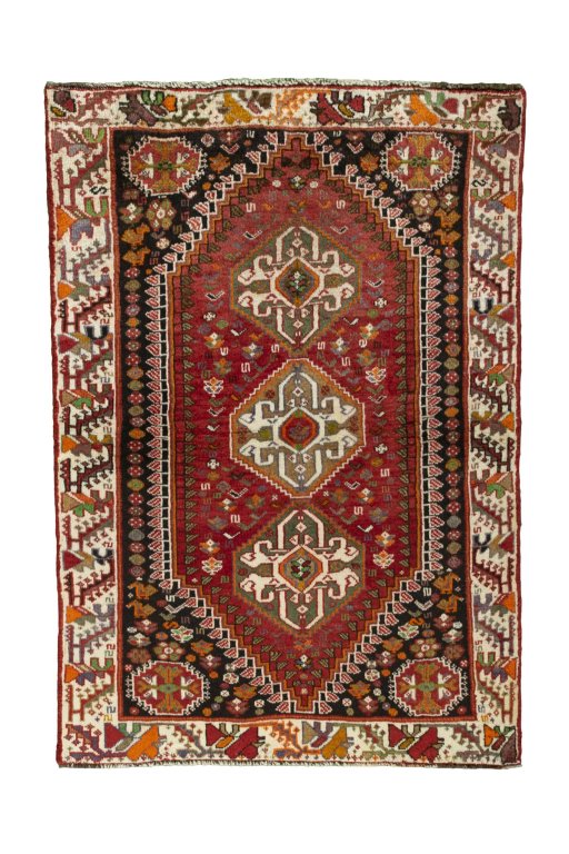 Full view of 2000s Shiraz rug from Iran / Persia, 150 × 104 cm in Red tones