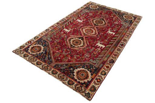 Corner detail of 2000s Shiraz rug showing border pattern and Wool pile