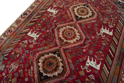 Backside of handmade 2000s Shiraz rug showing knot structure and weave density